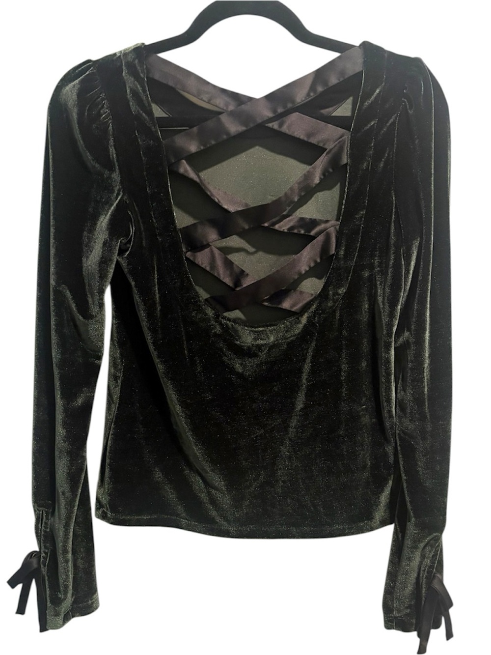 Anthropologie Green Velvet Ribbon Trimmed Open Back XS Dark Academia Vampy Goth